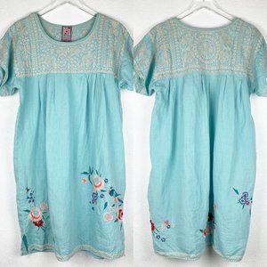 Johnny Was | Light Blue Short Sleeve Floral Linen Dress
